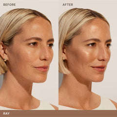 ILIA bronzer on angled sculpting brush ready to apply for precise sculpting and buildable warmth benefit