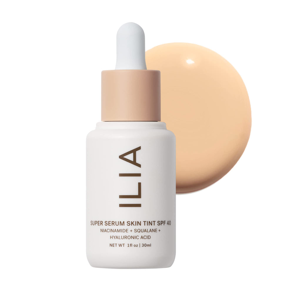 ILIA Super Serum Skin Tint front bottle showing sleek packaging and SPF benefit