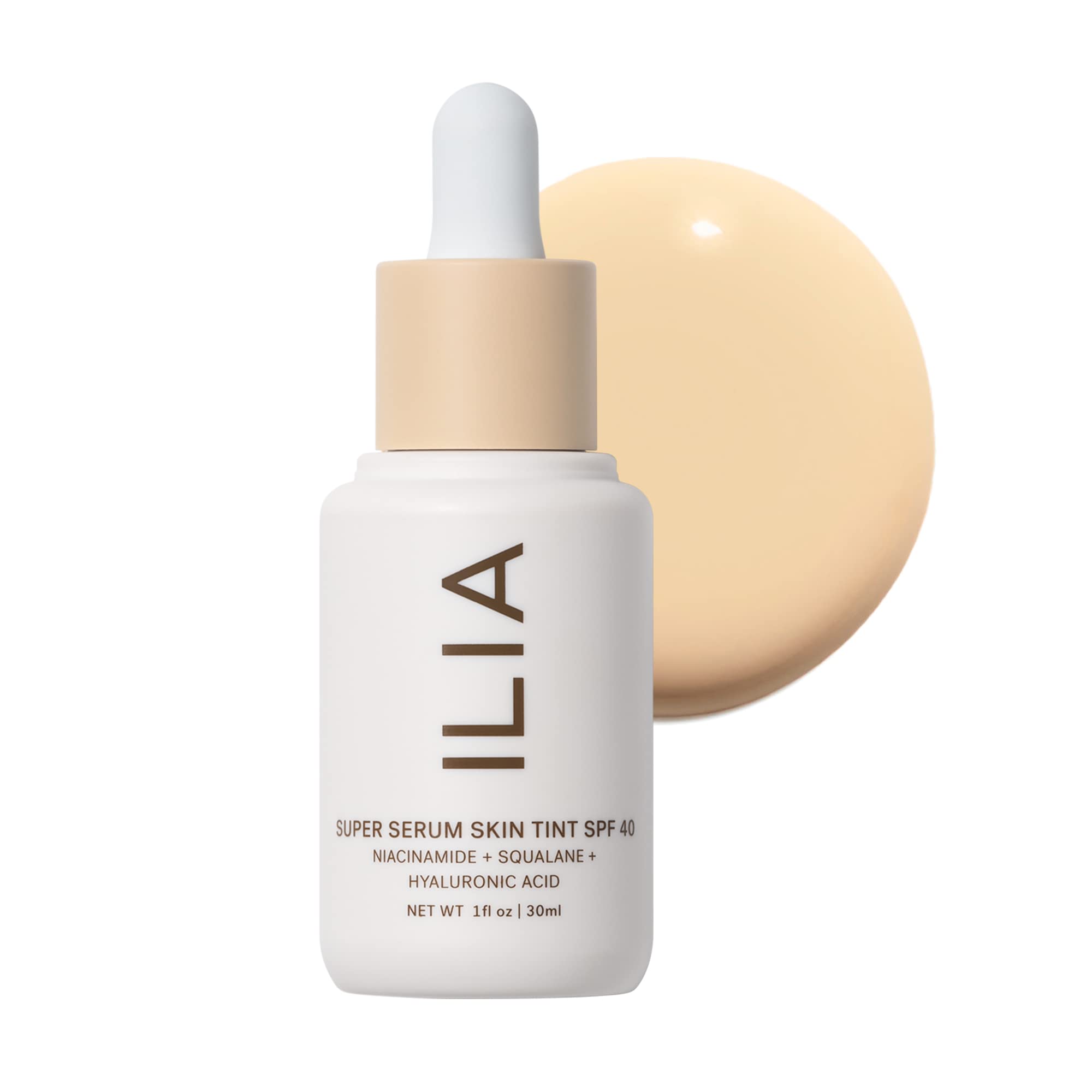 ILIA front bottle of Super Serum Skin Tint showing Tulum ST2 shade and SPF benefit