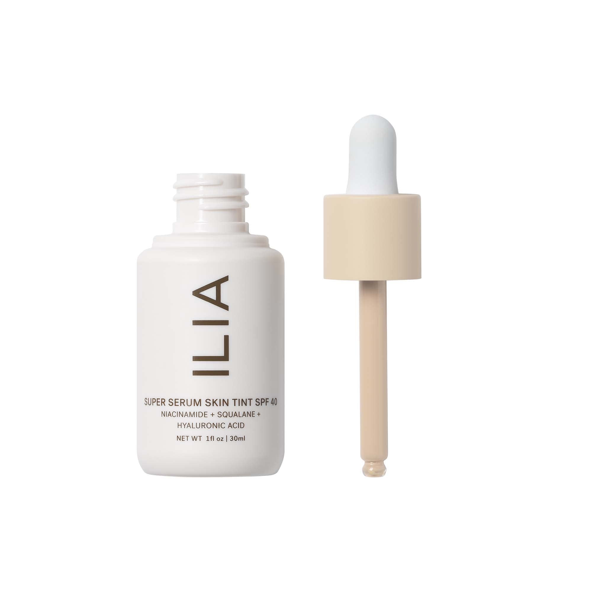 ILIA texture close-up drop highlighting lightweight hydration and dewy finish benefits