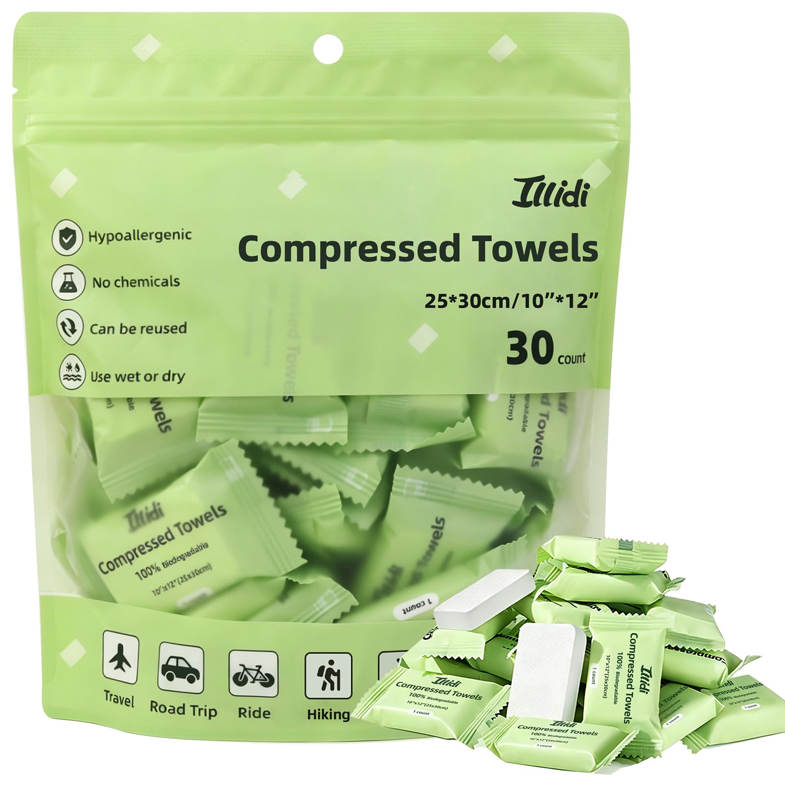 ILLIDI front packaging showing 30 individually wrapped compressed towels, travel-ready benefit