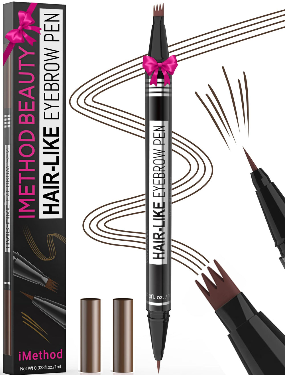 iMethod brow pen front view showing compact dual-ended design and portability