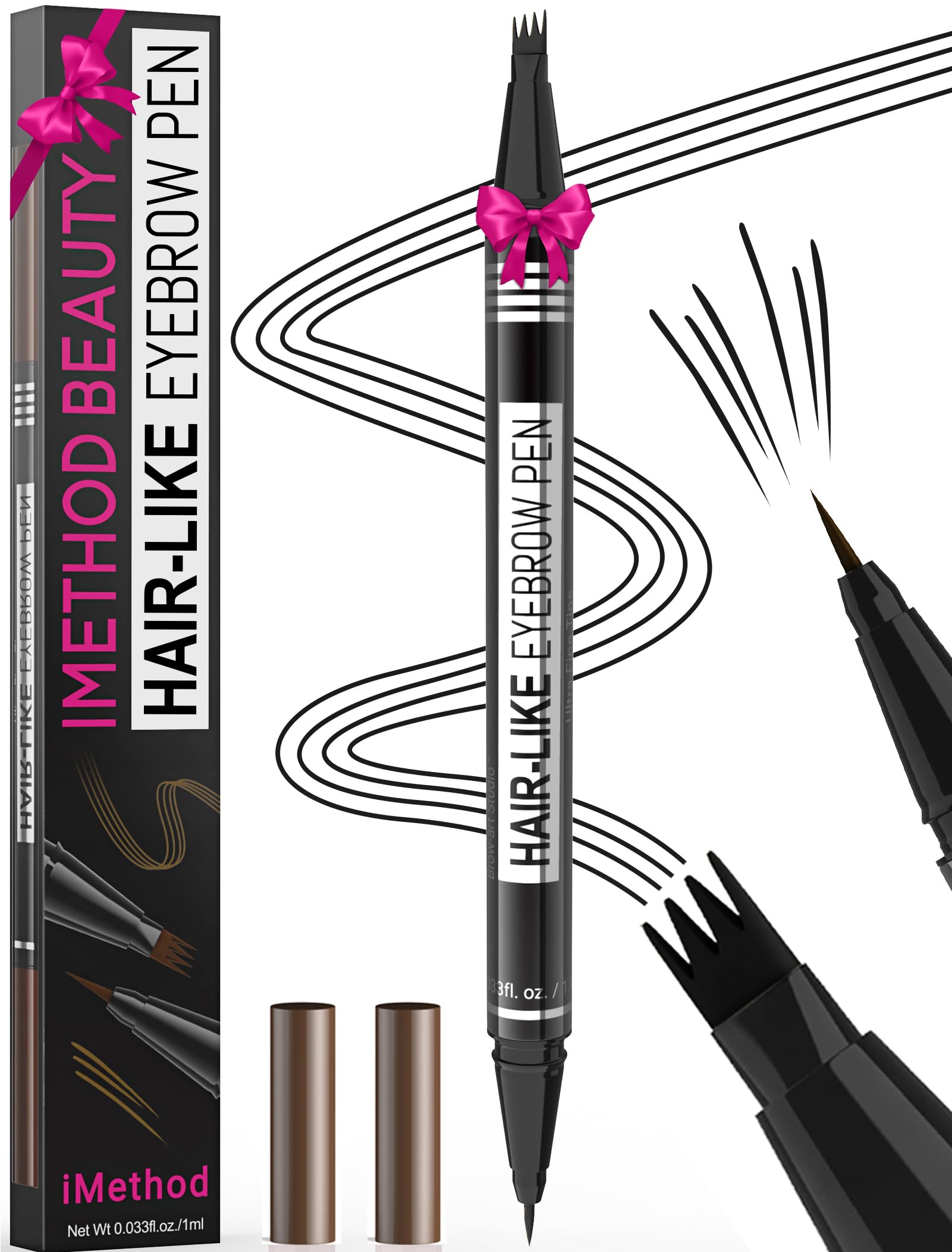 iMethod brow pen front view showing sleek packaging and black shade benefit: defined brows