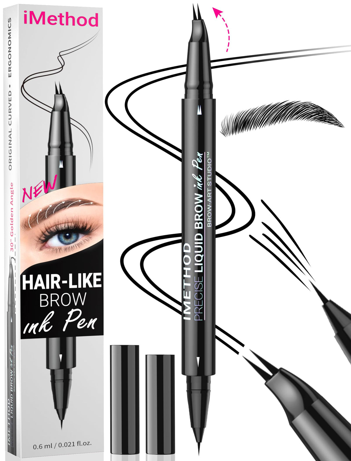 iMethod curved brow pen front view showing sleek packaging and compact design benefit convenience