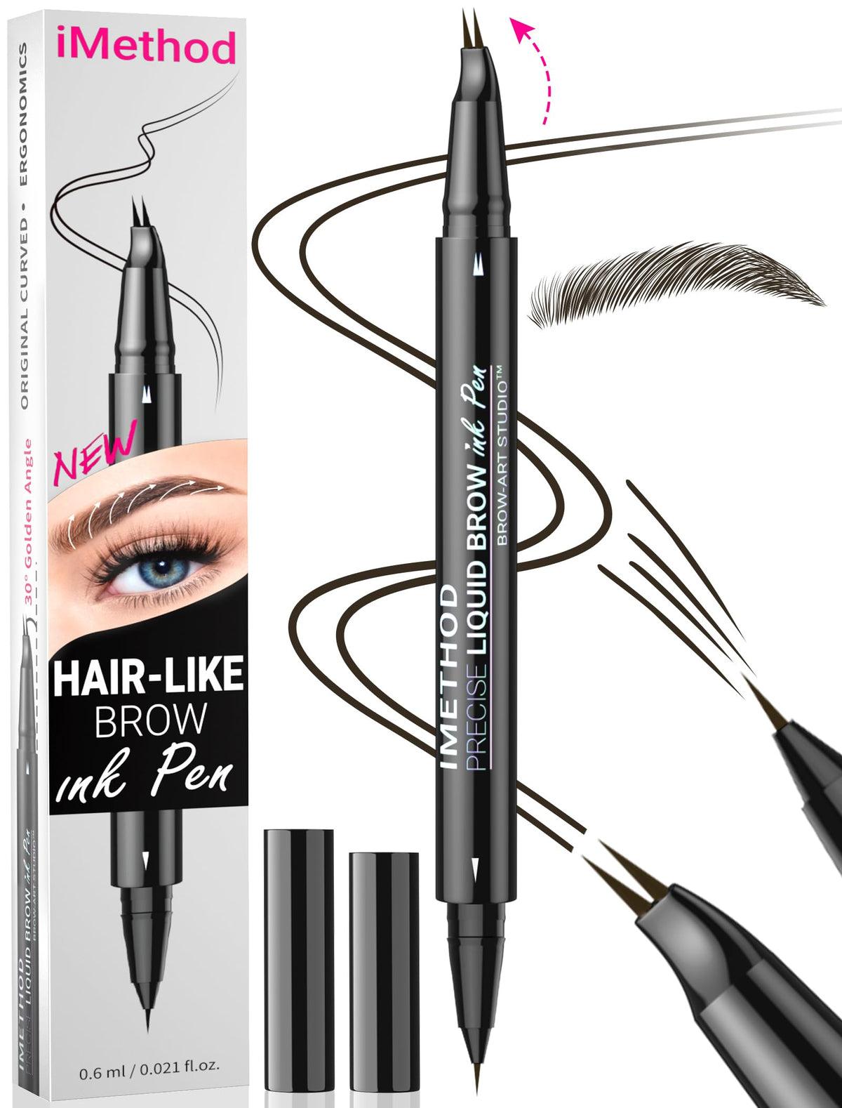 iMethod eyebrow pen front packaging showing compact dual-ended design benefit portability