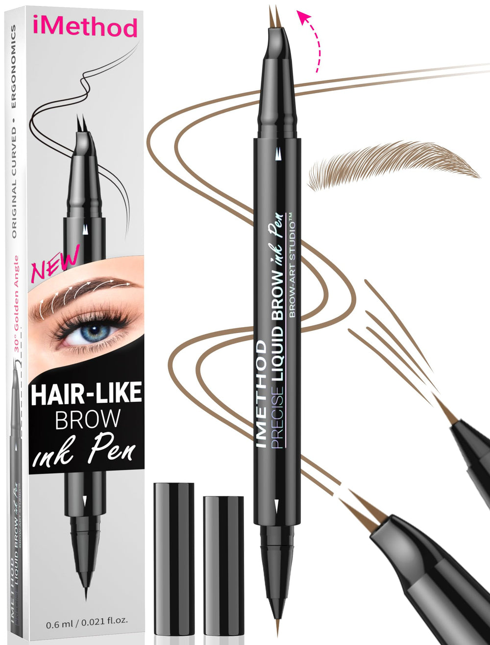 iMethod curved eyebrow pen front view showing slim dual-ended design and shade for easy portability