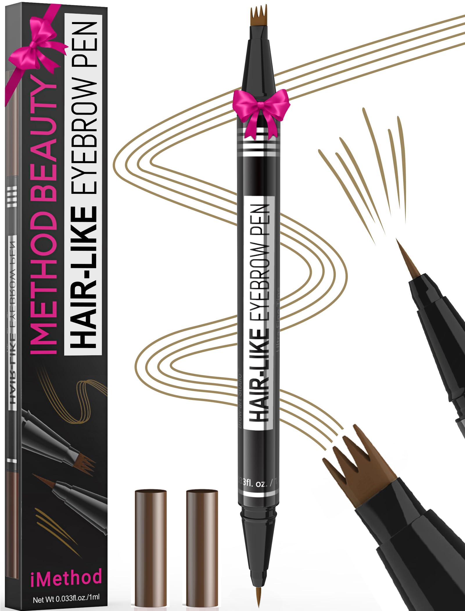 iMethod dual-ended brow pen front view showing dual tips and compact design benefit