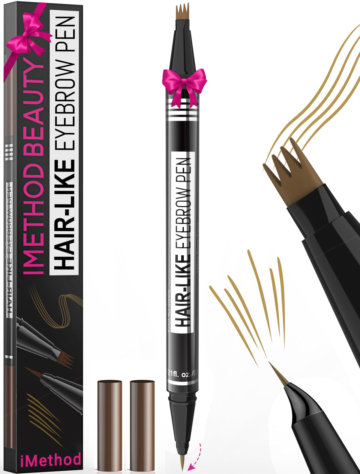 iMethod dual-ended brow pencil front view showing both tips and compact design benefit