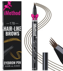 iMethod eyebrow pen front view showing slim dark brown pencil and cap for precision