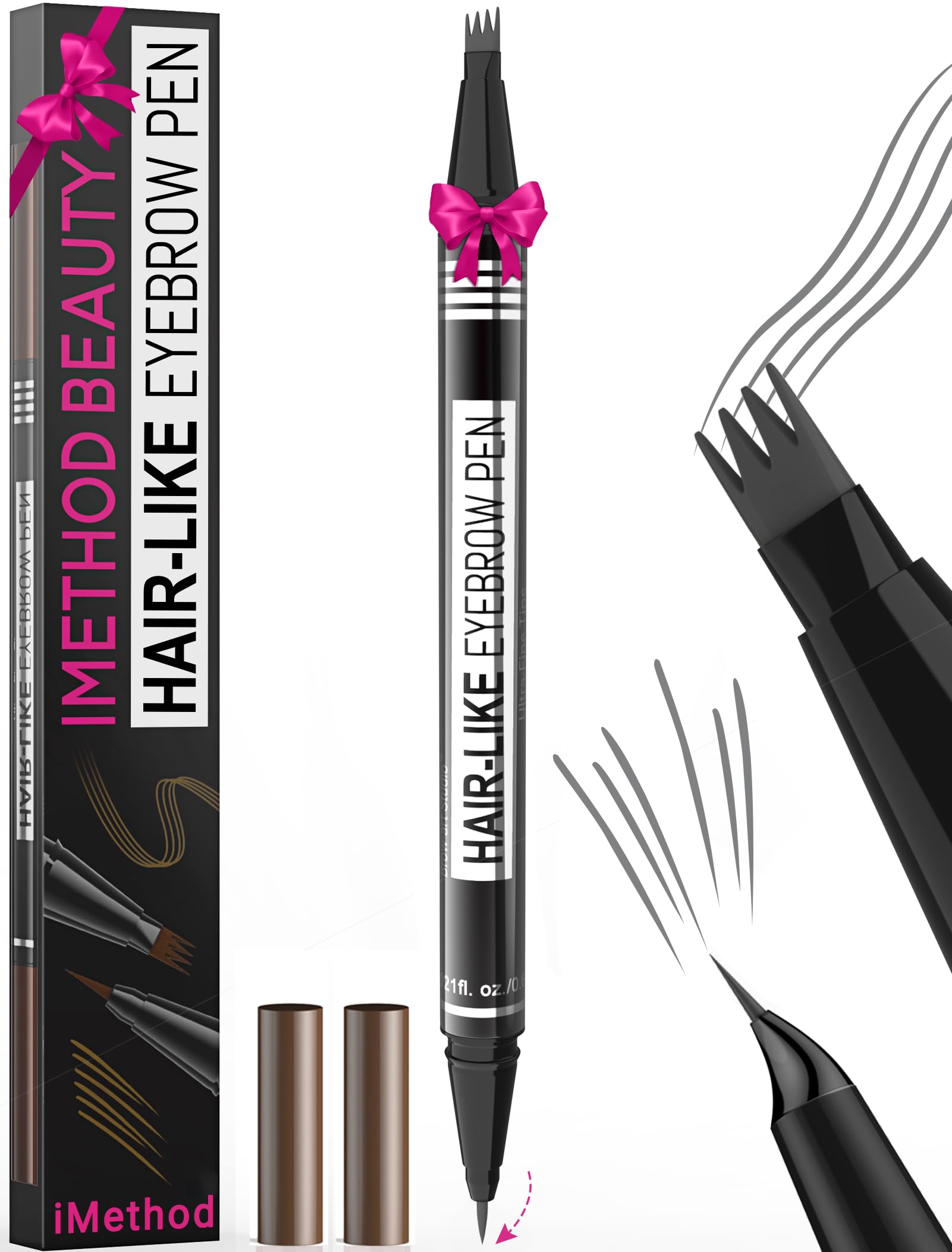 iMethod front view of grey dual-ended brow pen showing compact packaging and portability