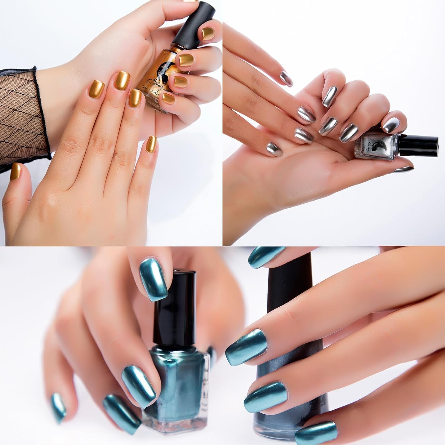 IMGDD nails in evening outfit showcasing striking metallic look and statement benefit