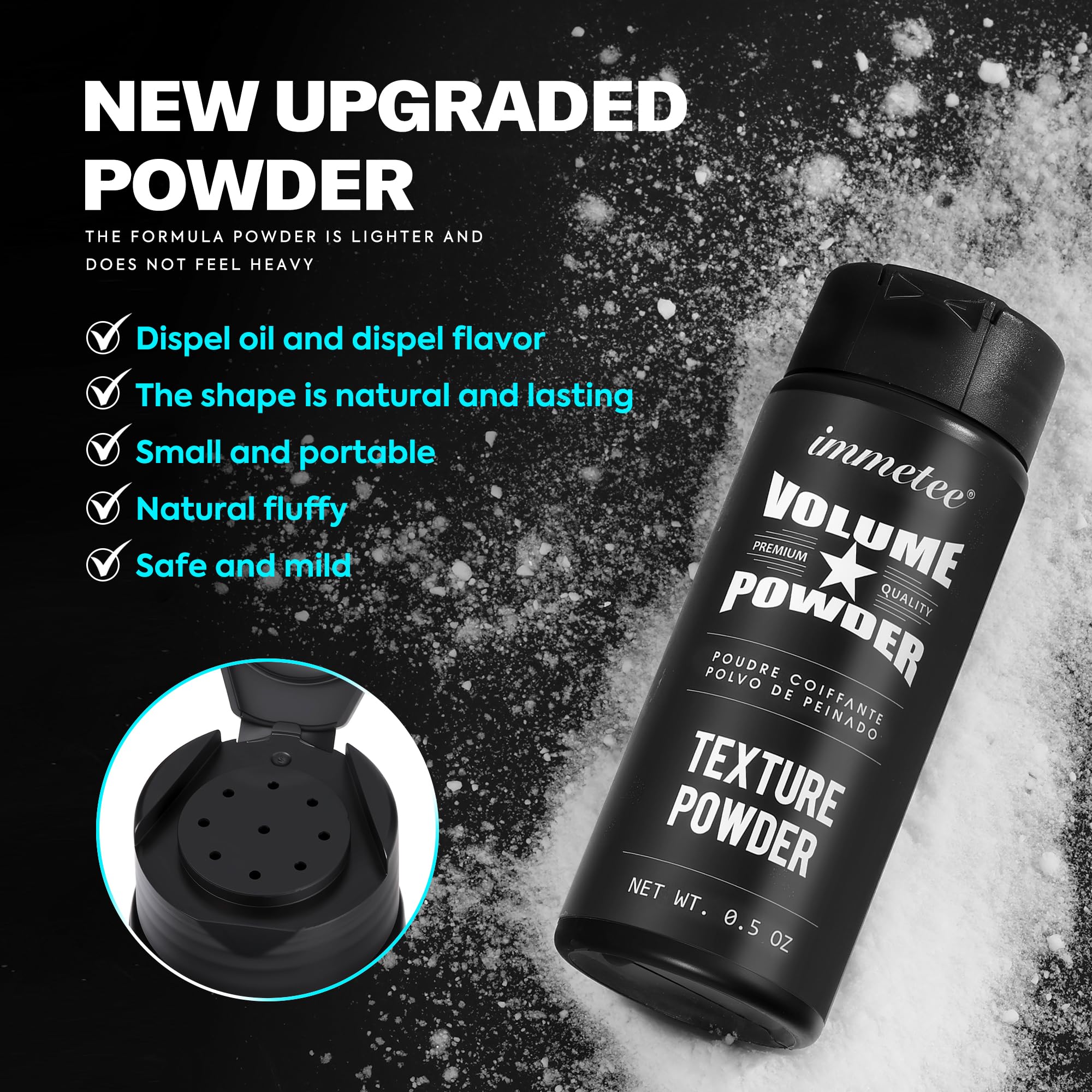 immetee applying powder at roots demonstrating quick volume boost and styling ease