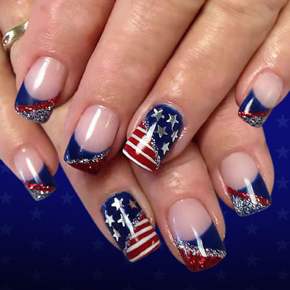IMPOBLNS front packaging showing 24 patriotic press-on nails and benefits