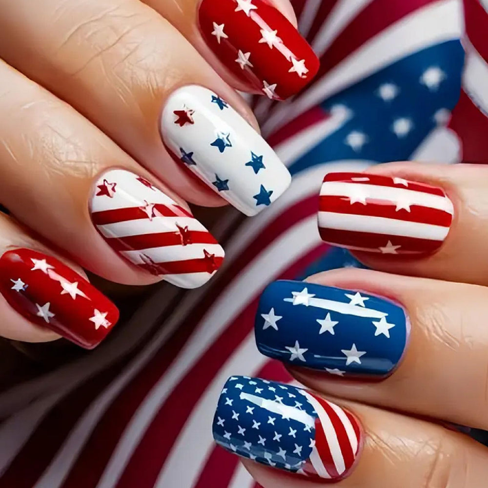 IMPOBLNS front packaging showing 24 patriotic press-on nails and included tools for quick application