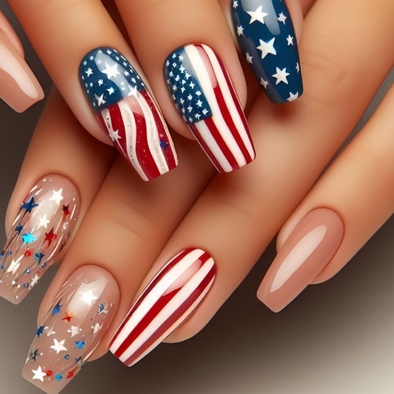 IMPOBLNS front packaging showing 24 patriotic press-on nails and included tools for convenience