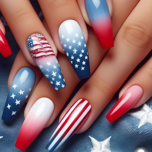 IMPOBLNS front packaging showing 24-piece patriotic press-on nails for easy holiday styling