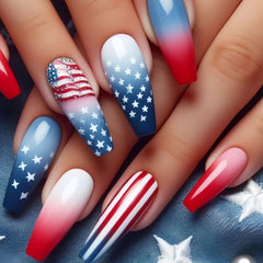 IMPOBLNS front packaging showing 24-piece patriotic press-on nails for easy holiday styling