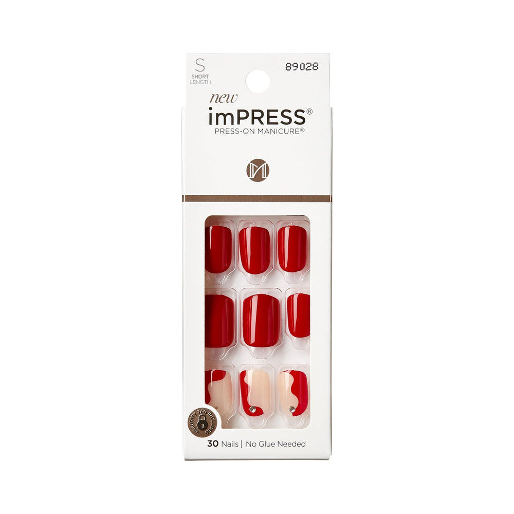 imPRESS front packaging showing red short square nails and included tools for easy styling