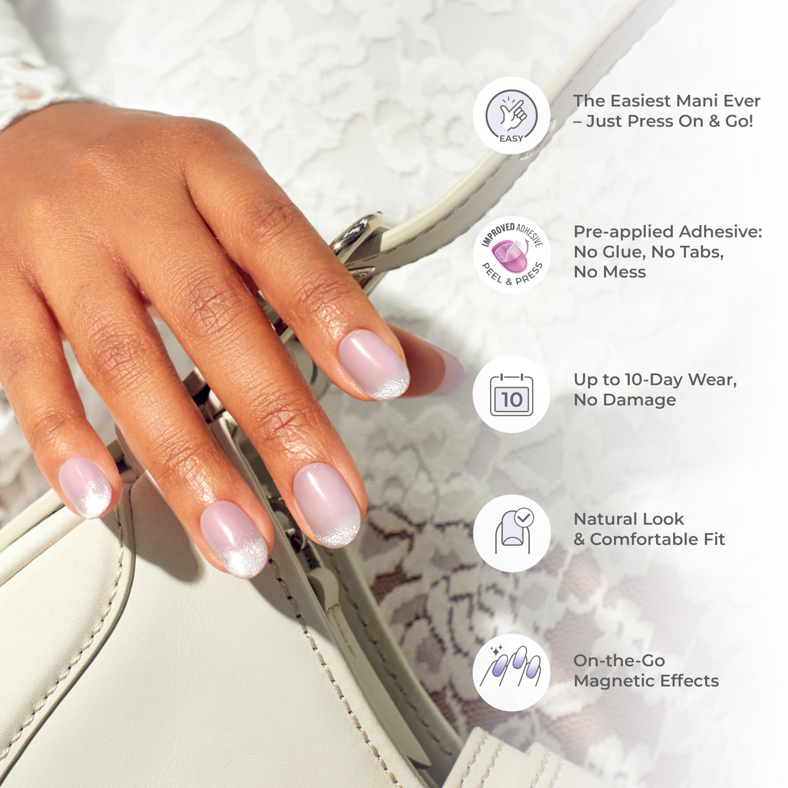 imPRESS kit contents laid out: 30 nails, prep pad, file, stick emphasizing all-in-one convenience