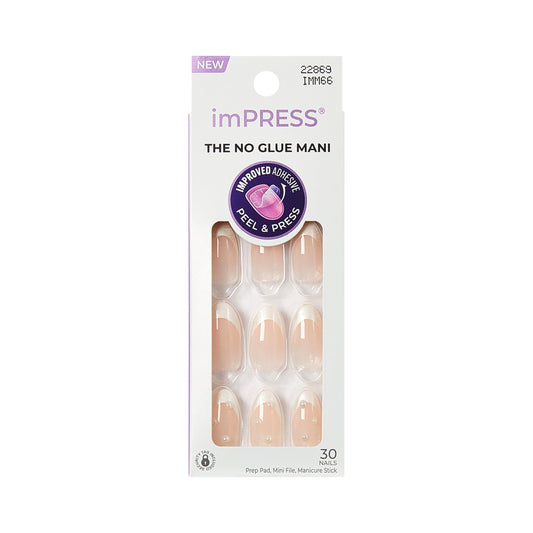 imPRESS front packaging showing 'Chills' white almond nails and kit details, instant convenience