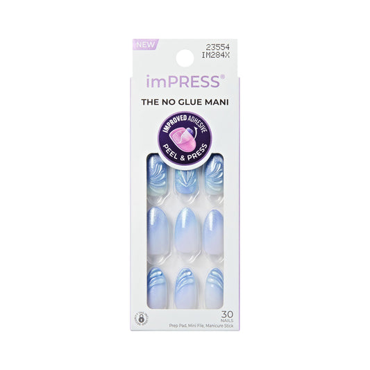 imPRESS front packaging showing the ciel blue almond nails and kit contents for easy use