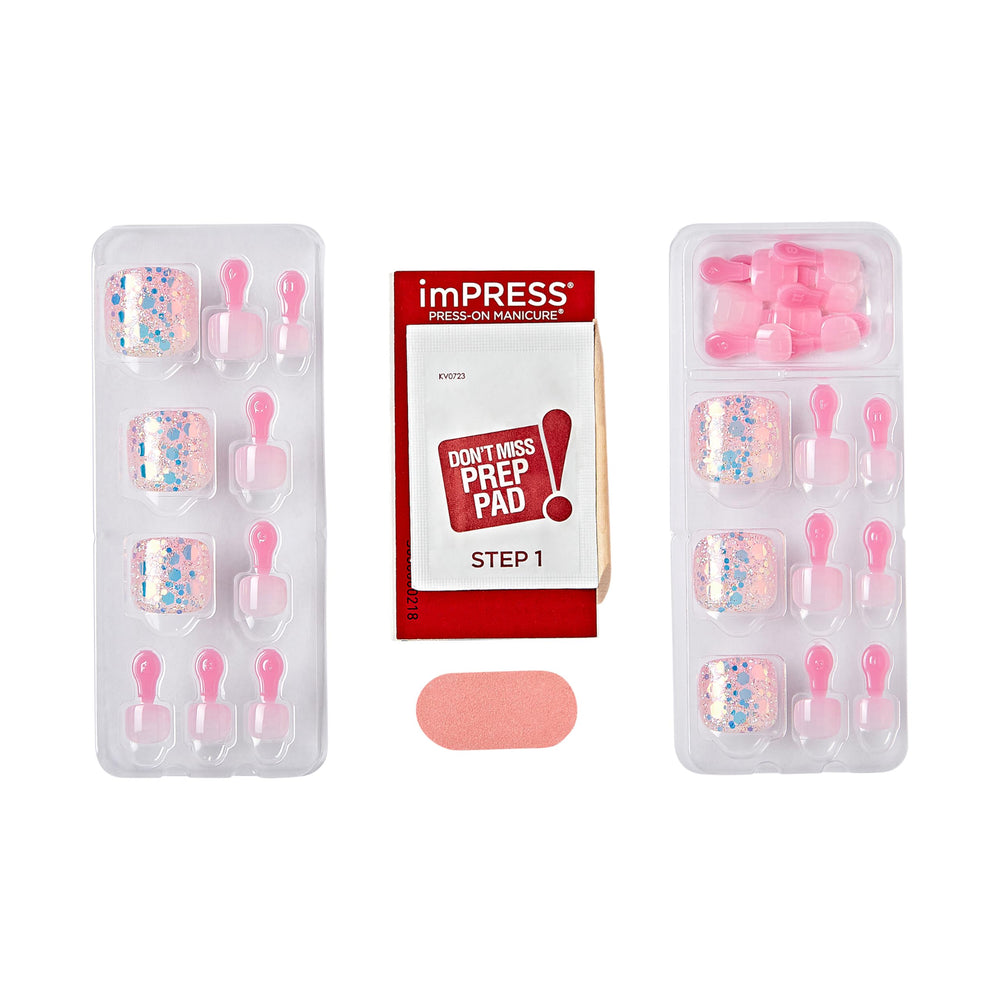 imPRESS close-up of pink glitter squoval toenail texture highlighting glossy sparkle and easy application