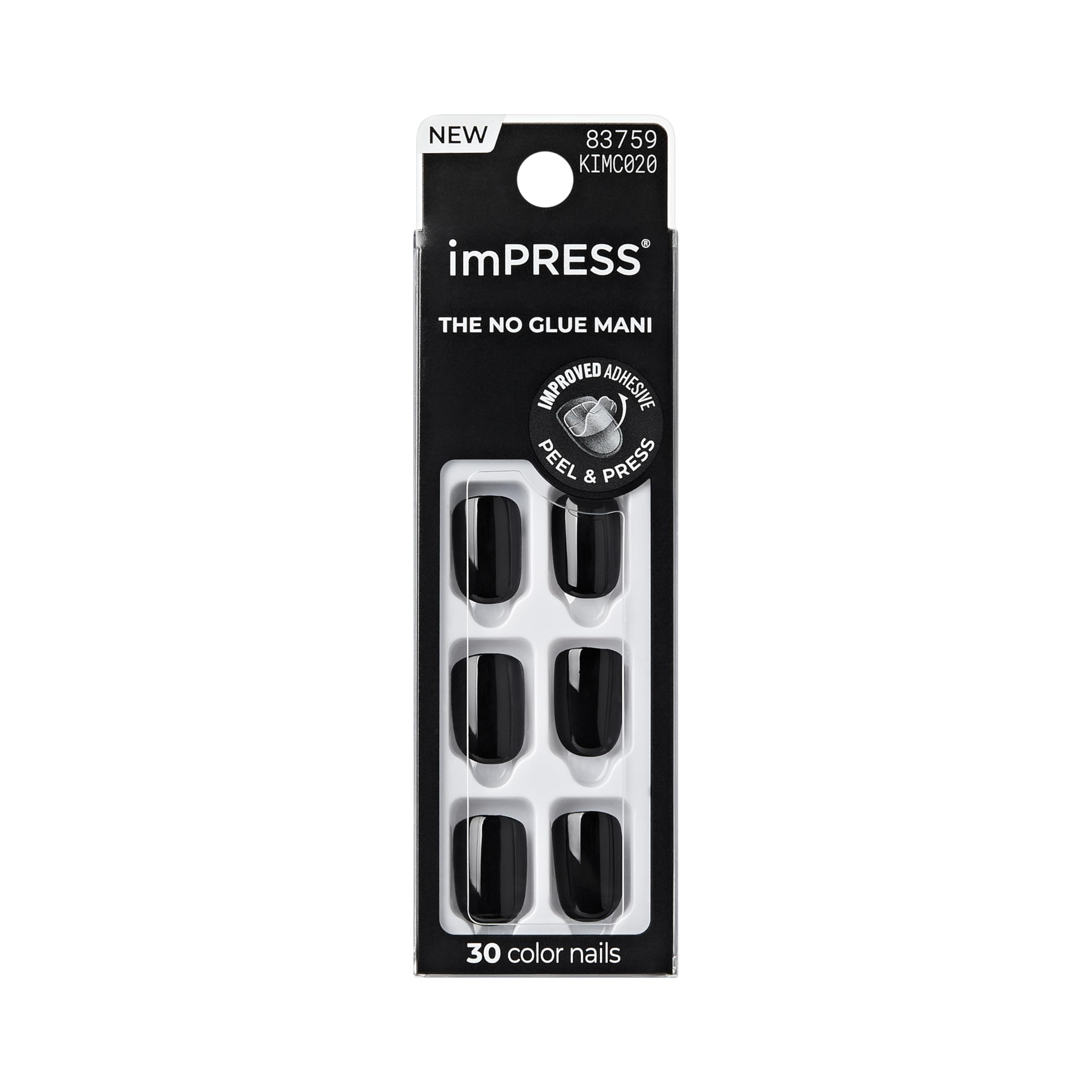 imPRESS front packaging with 30 black press-on nails showing quick application benefit