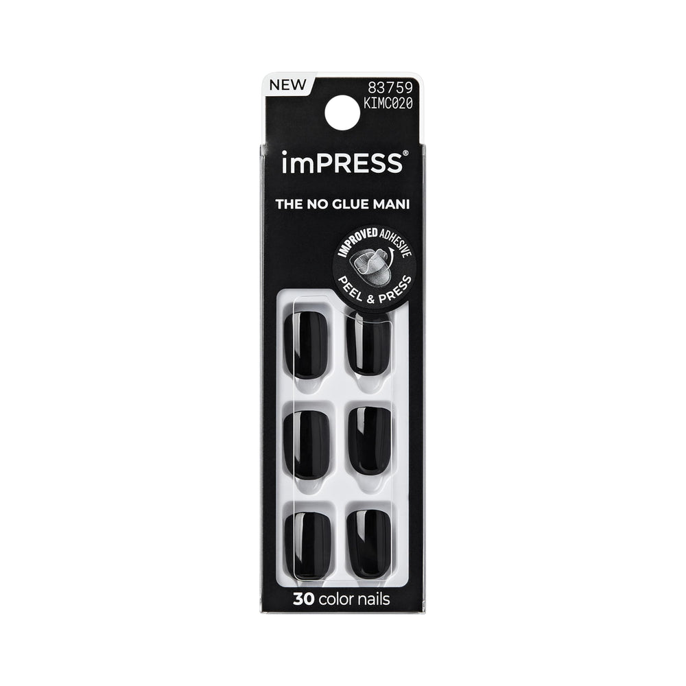imPRESS front packaging with 30 black press-on nails showing quick application benefit