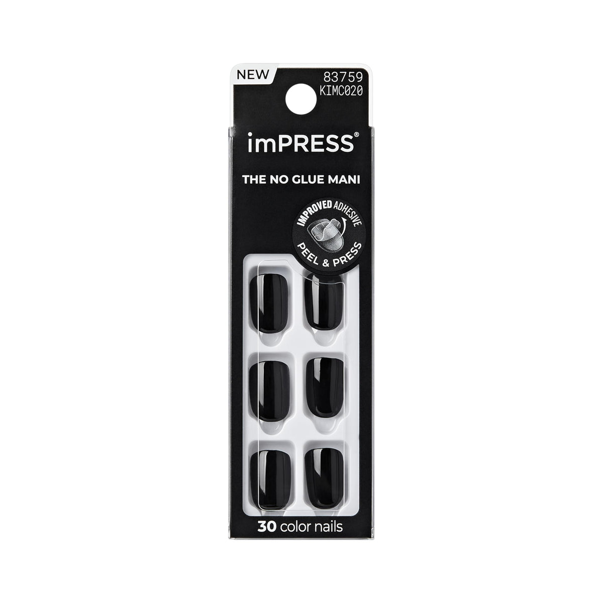 imPRESS front packaging with 30 black press-on nails showing quick application benefit