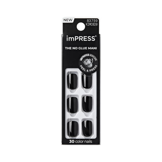 imPRESS front packaging with 30 black press-on nails showing quick application benefit