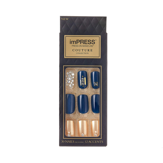 imPRESS front packaging showing couture navy blue nails and benefits