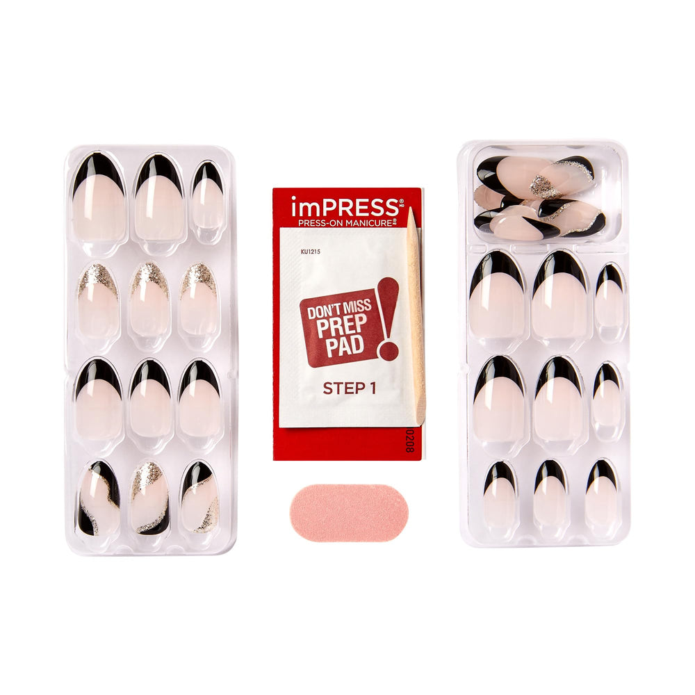imPRESS kit contents with 30 nails, prep pad, manicure stick and mini file for a complete application