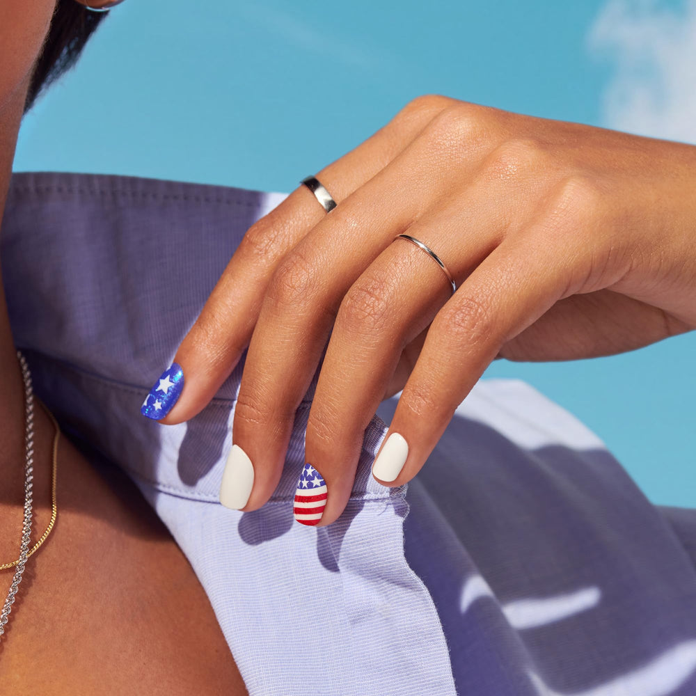 imPRESS close-up of stars and stripes nail art showing glossy finish benefit