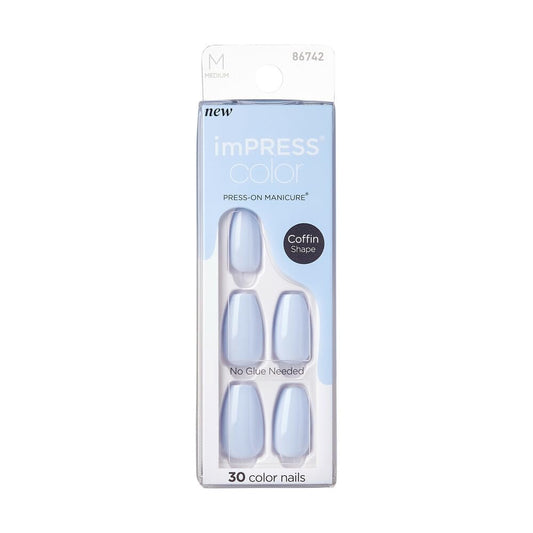 imPRESS front packaging showing 30-piece light blue set and easy apply benefit