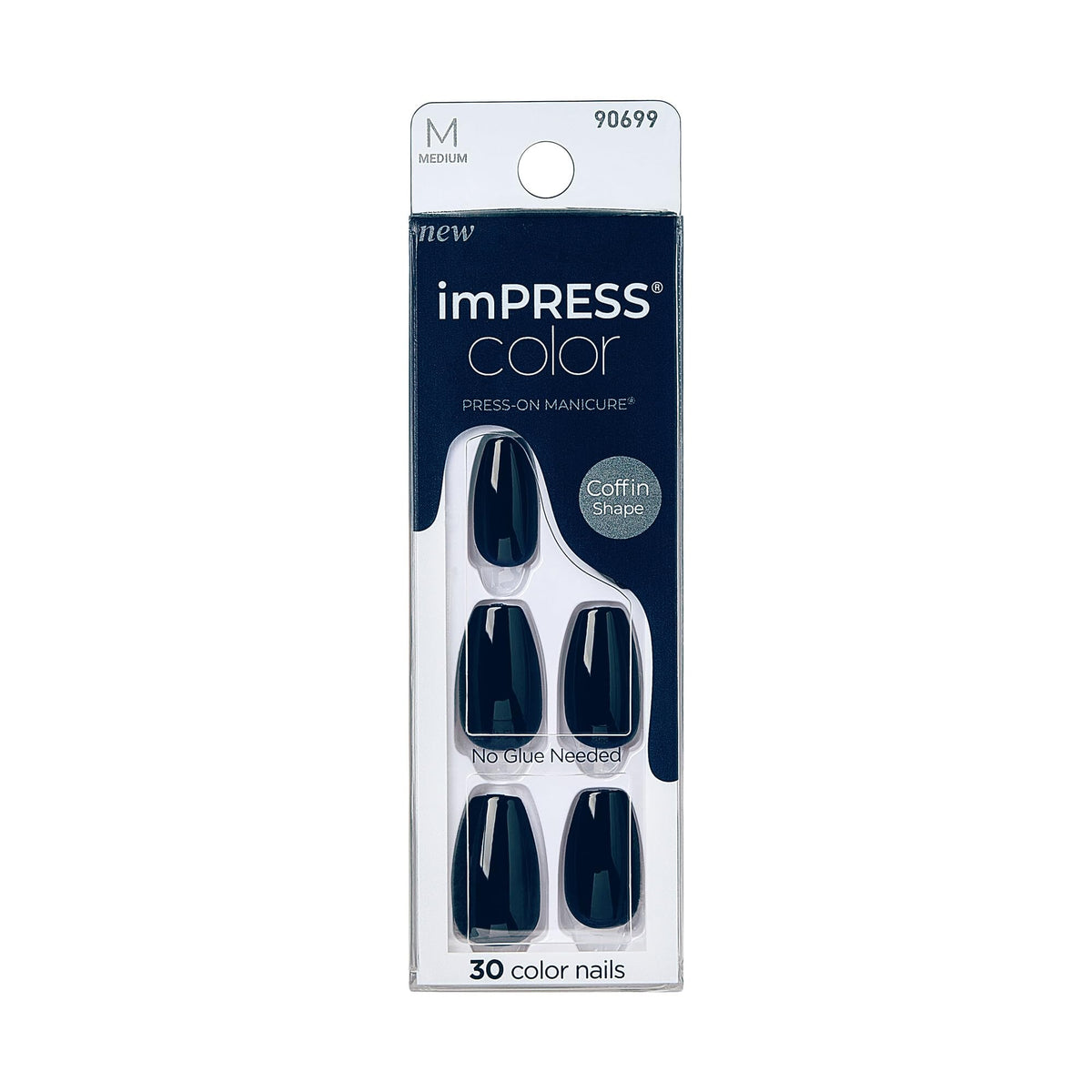 imPRESS front packaging showing 30-piece navy coffin press-on nails for easy wear