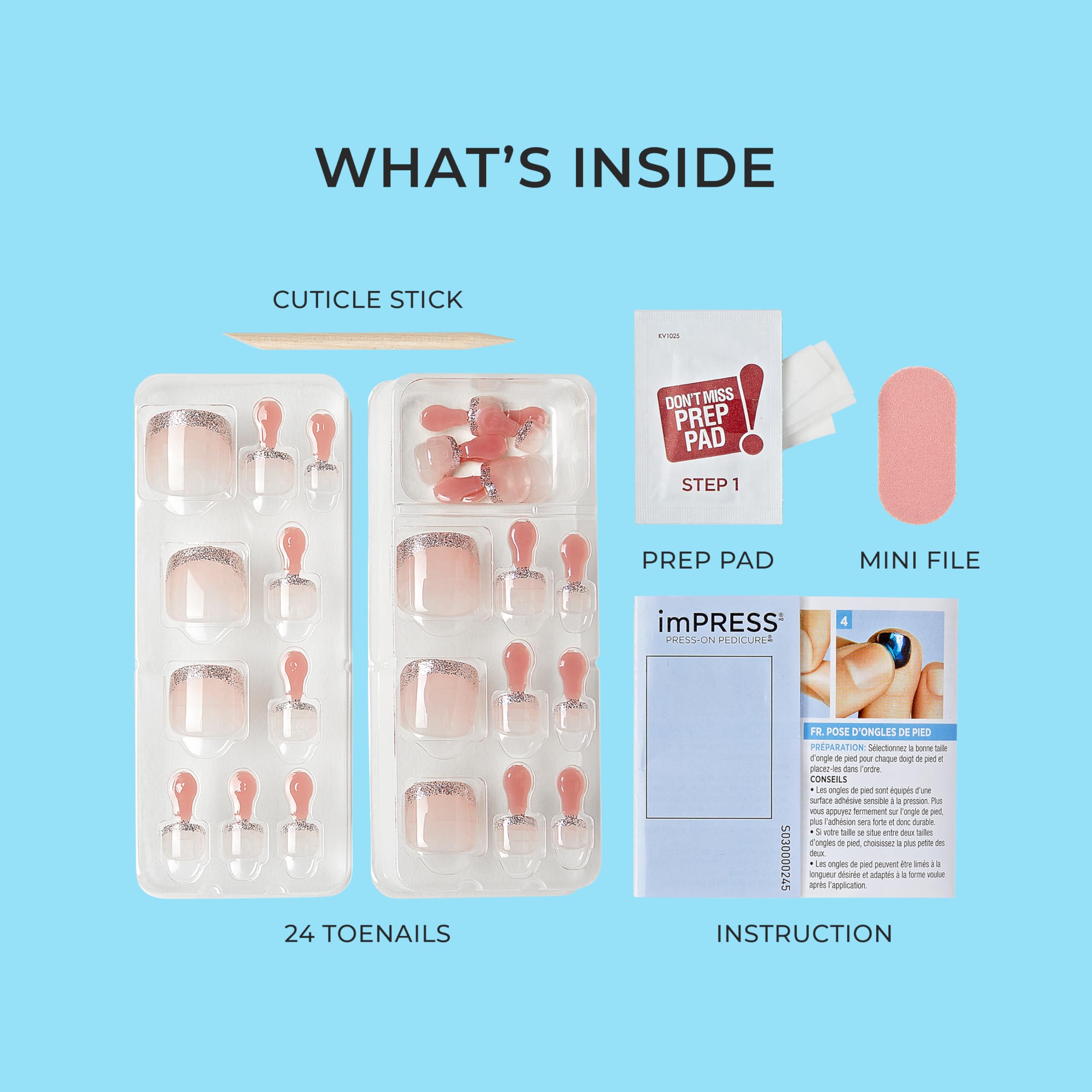 imPRESS layout of 24 press-on toenails displaying included sizes
