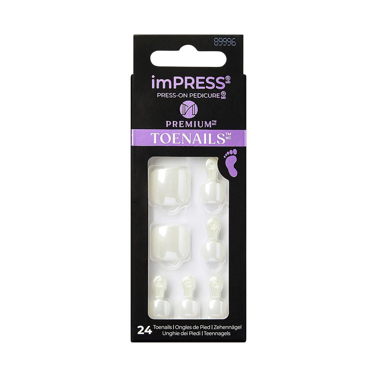 imPRESS front packaging showing pearl white squoval toes and kit components for easy pedicures