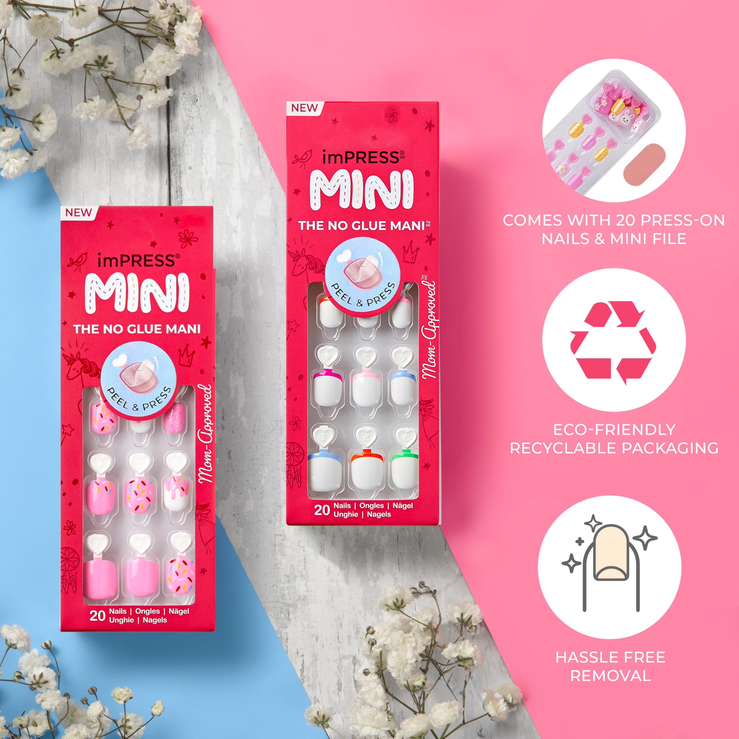 imPRESS single pink press-on applied to a child's finger for quick polish