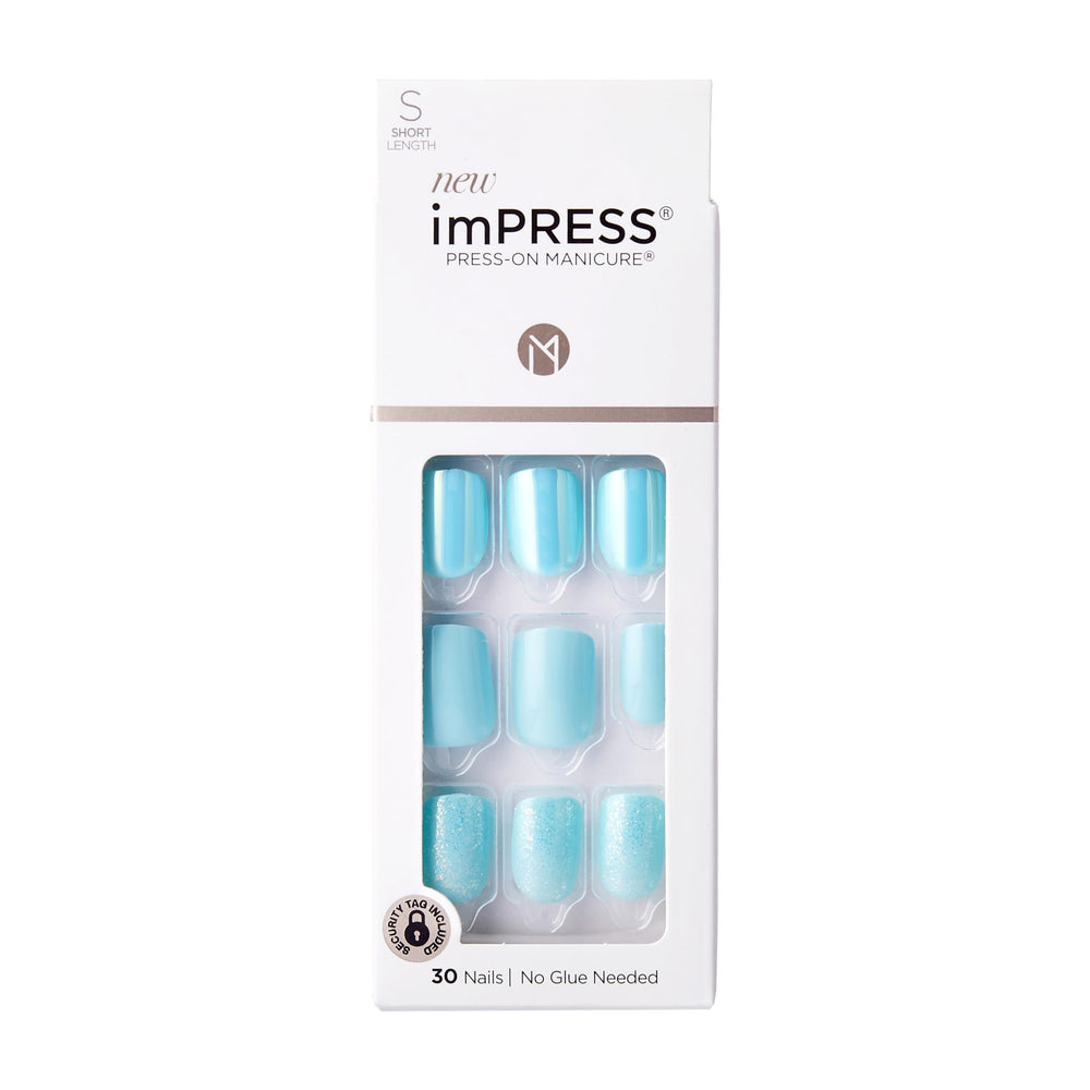 imPRESS front packaging showing Rain Check blue nails and included tools for quick application