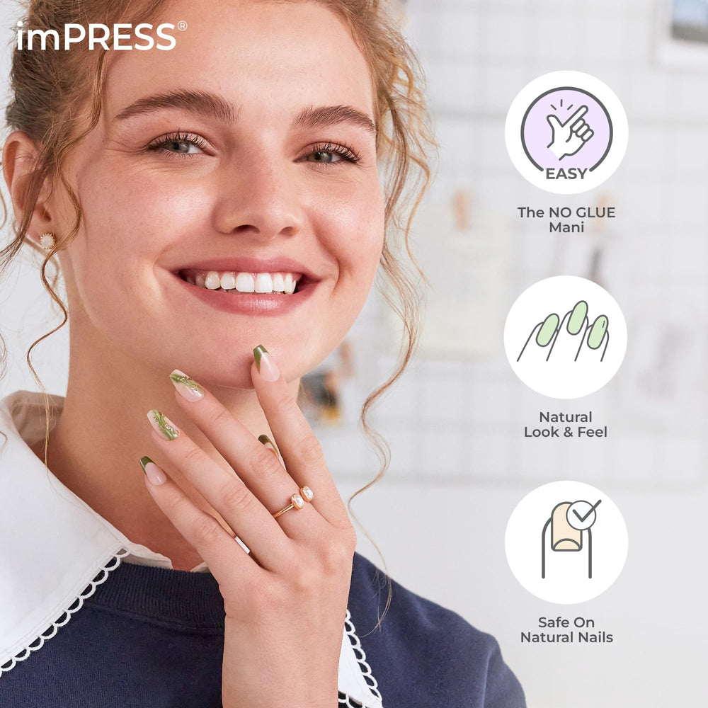imPRESS model wearing Rain Check nails in lifestyle setting showcasing salon-quality appearance