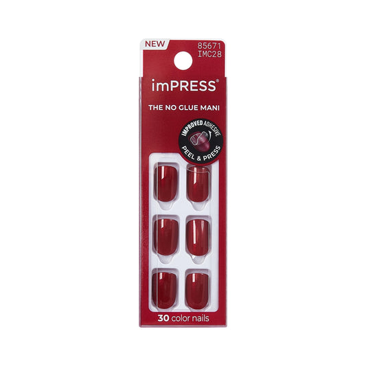 imPRESS front packaging showing Red Velvet kit and contents, simplifies at-home mani