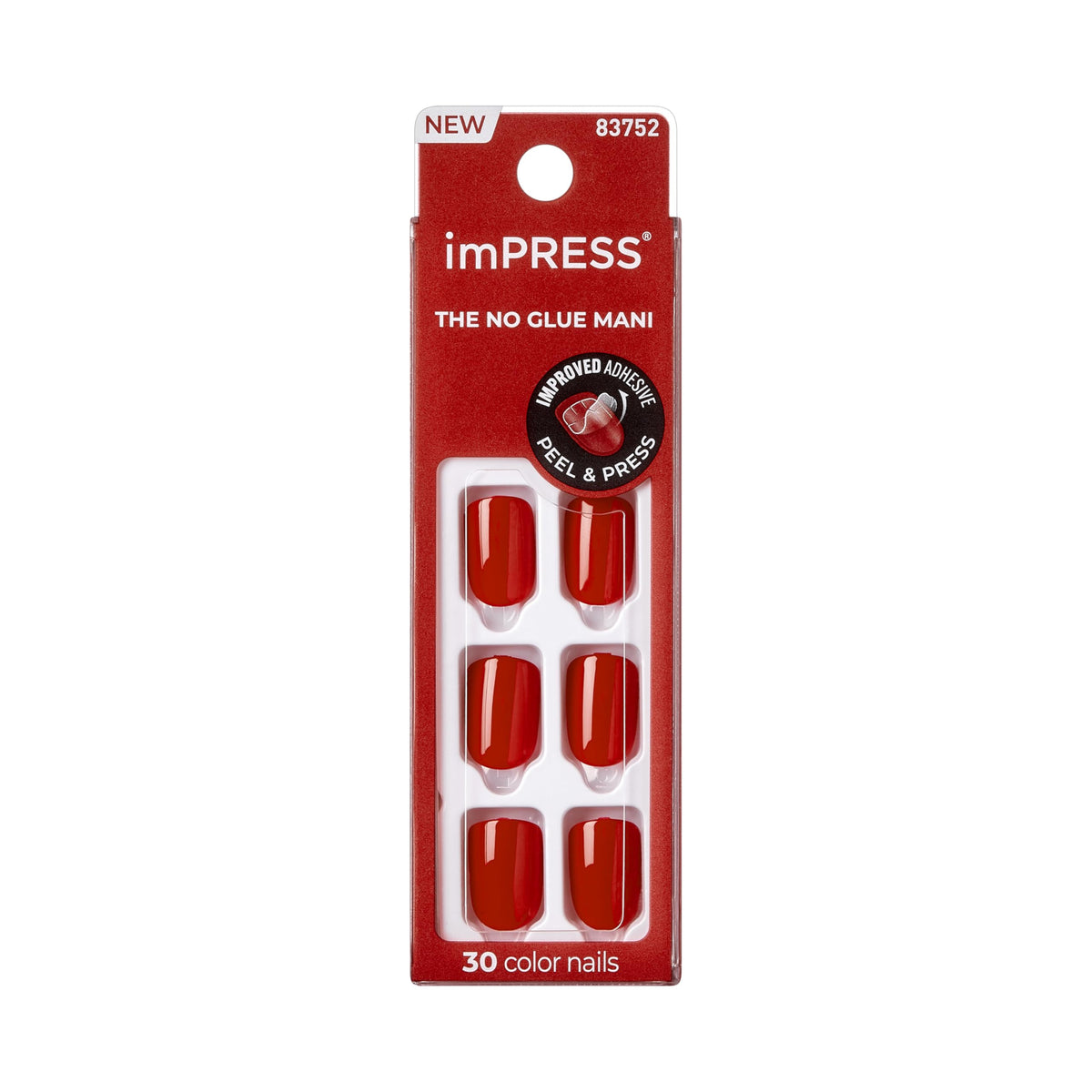 imPRESS front packaging displaying 30 red press-on nails and tools for quick application
