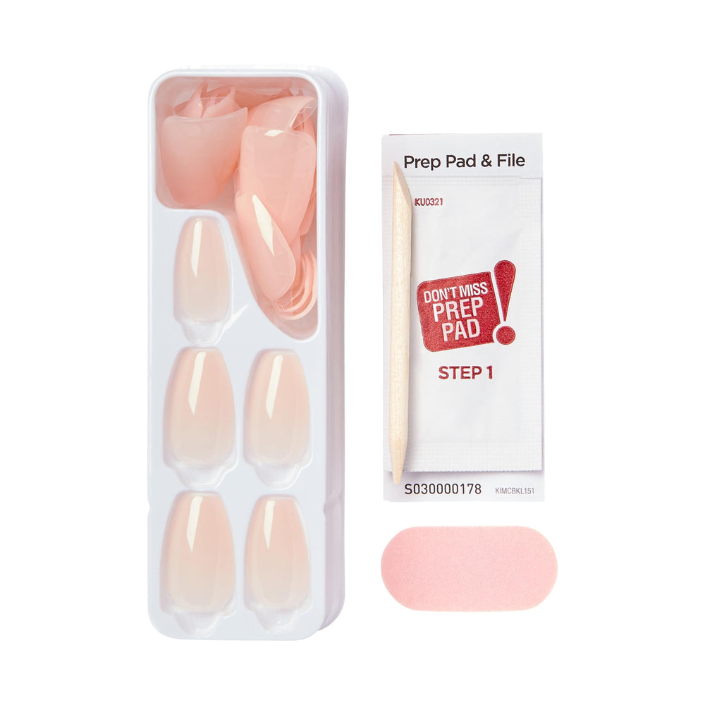 imPRESS full kit contents arranged with nails, prep pad, file, and stick
