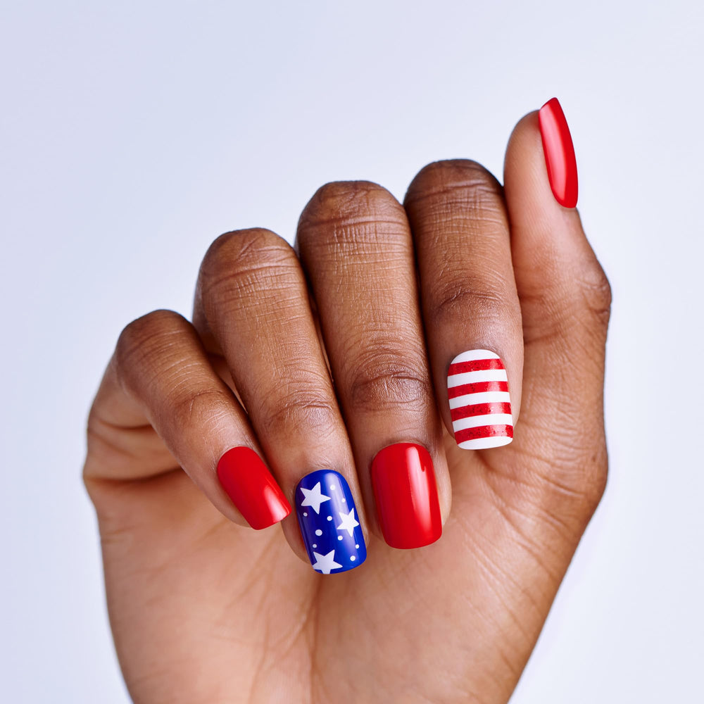 imPRESS close-up of red stripes, white stars, and polka dot design for bold look