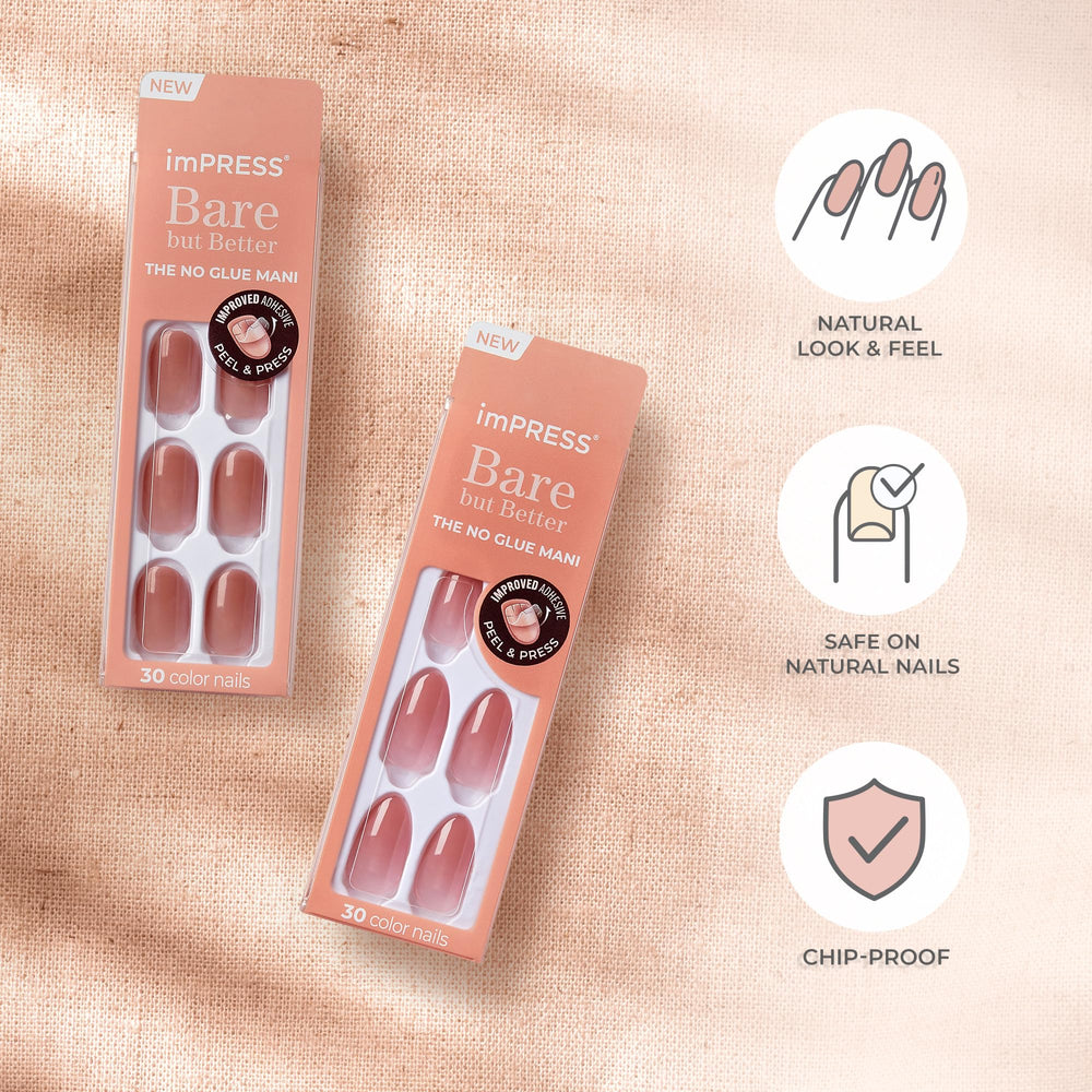 imPRESS nails worn on hand in natural light showcasing subtle nude finish