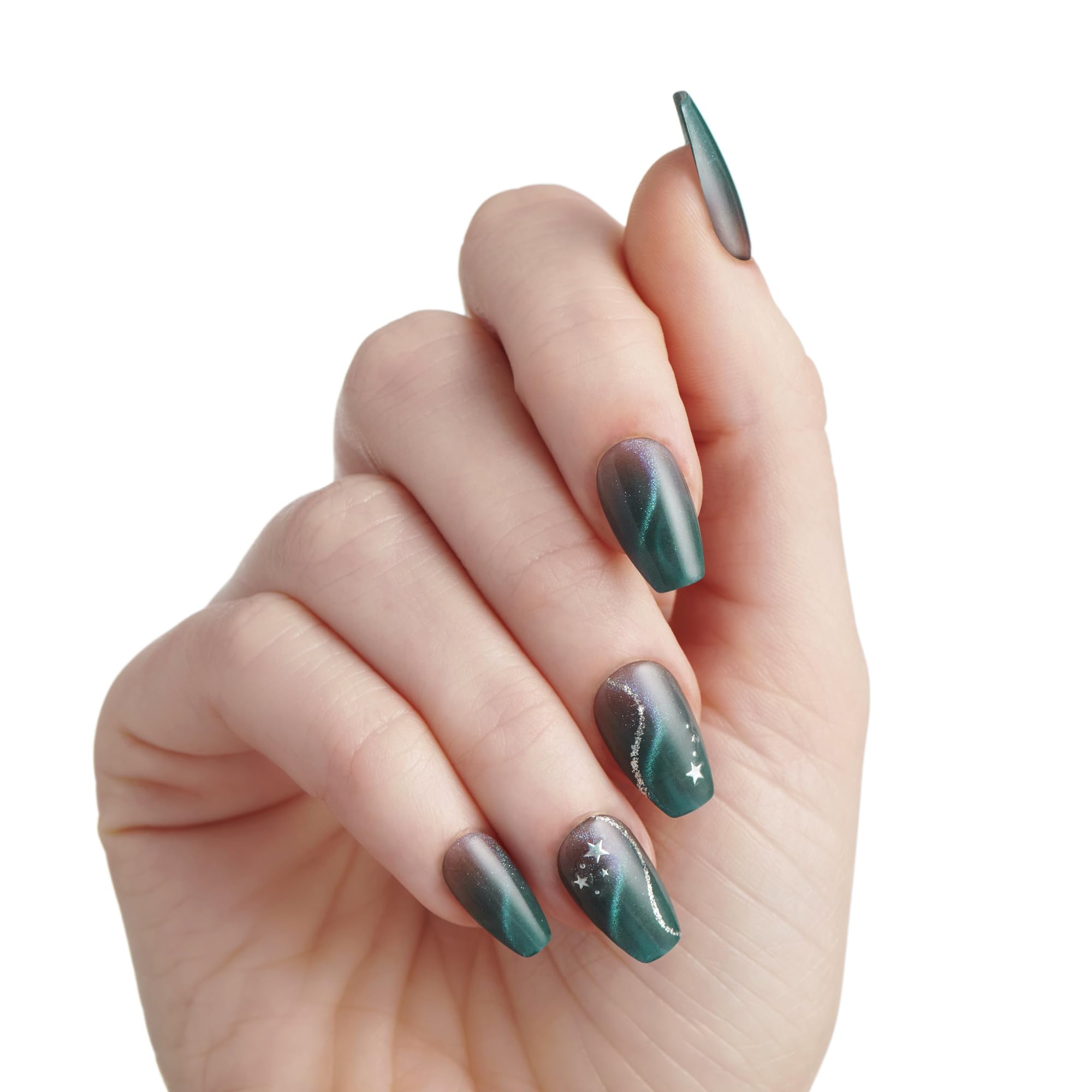 imPRESS close-up of green swirl nails showing shimmering effect