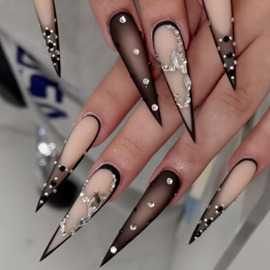 IMRAIN front packaging showing full 24-piece black ombre stiletto set and glue for instant glam