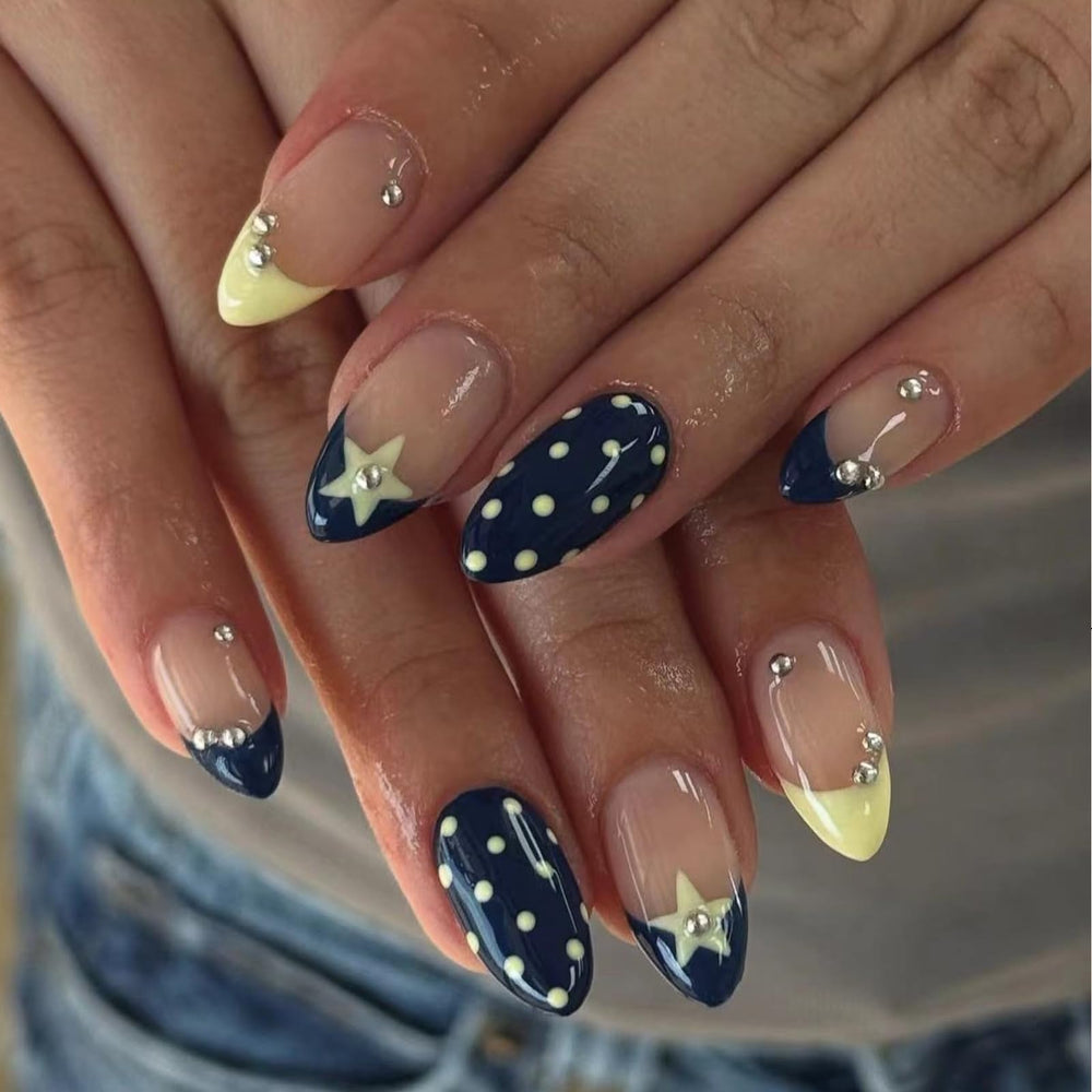 IMRAIN front pack showing glossy blue yellow nails and included glue for ready use