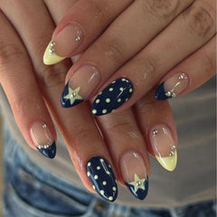 IMRAIN front pack showing glossy blue yellow nails and included glue for ready use
