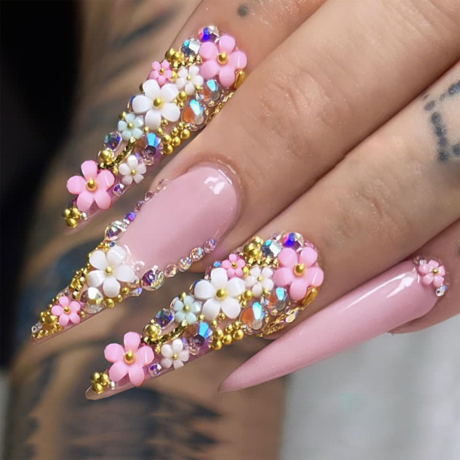 IMRAIN stiletto front view showing glossy pink finish and full-cover fit for polished nails